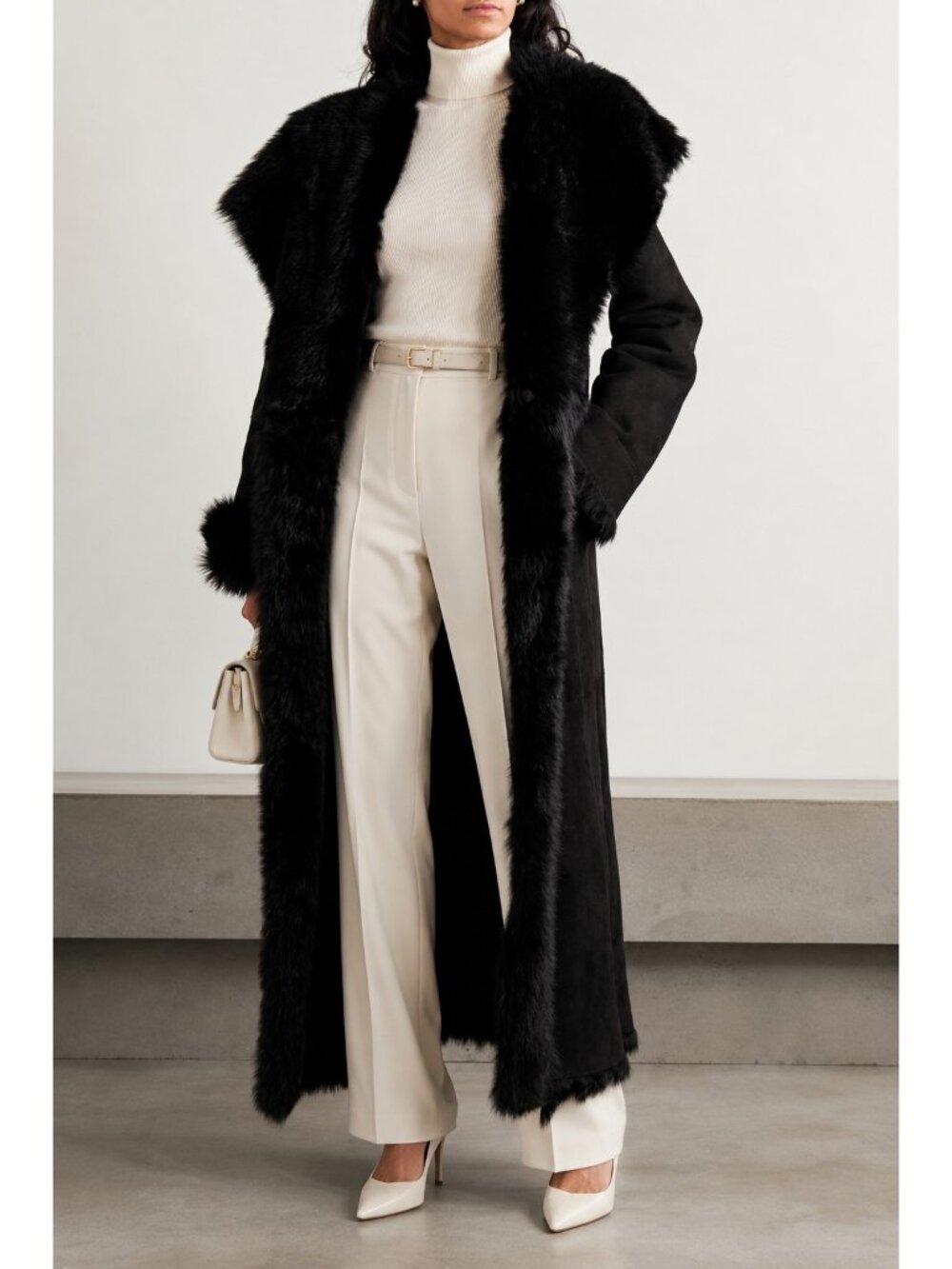 Reversible Genuine Shearling Sheepskin Coat Black Long Fur Winter Jacket L